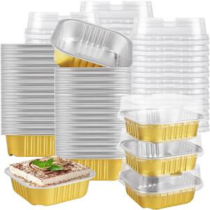100 PCS Square Mini Cake Pans with Lids 4 Oz Baking Pans with Lids 4 Oz Cake Tins with Lids Aluminum Cupcake Pans with Lids Gold Mini Cake Loaf Pans with Lids Disposable Cupcake Tins with Lids