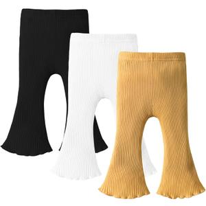 DREAM BUS 3 Pack Baby Girl Pants Toddler Leggings Solid Ribbed Cotton Baby Girls Flare Pants Toddler Bell Bottoms (0-3 Months, #2 Black/White/Yellow)