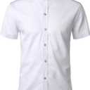 ZEROYAA Mens Hipster Gold Embroidery Mandarin Collar Slim Fit Short Sleeve Casual Dress Shirts (X-Large, White)