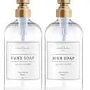 Vine Creations Clear Glass Soap Dispenser, 2 Pack Kitchen Soap Dispenser Set with Stainless Steel Pump, 16 oz Dish Soap and Hand Soap Dispensers for Bathroom with Waterproof Labels (Clear Bottle / Brushed Brass Pump)