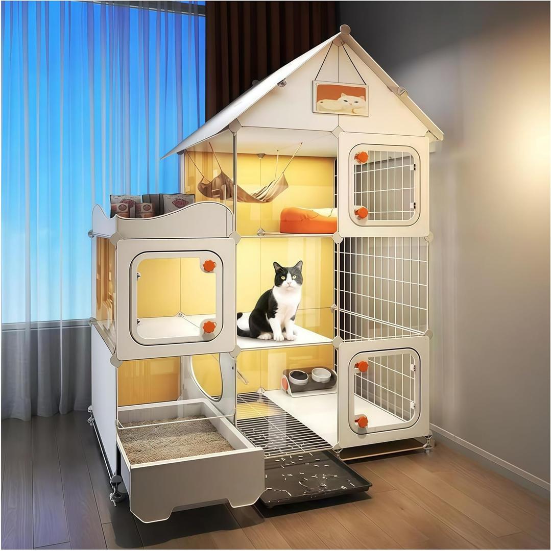 Indoor Cat Cage with Litter Box,Complimentary Cat Bed, Bowl,Teaser Wand，Cat House Large cat Villa Playpen Outdoor, Large Cat Enclosure, Small Animal Dog Kennel, 41.8" Lx18.1" Wx55.6" H