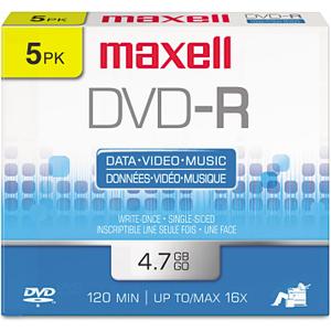 Maxell 638002 DVD-R Discs, 4.7GB, 16x, w/Jewel Cases, Gold, 5/Pack
