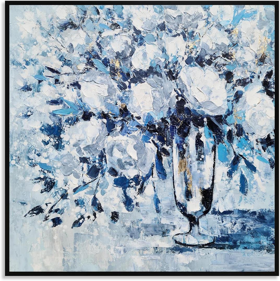 Yihui Arts Hand Painted Framed Blue Flower Canvas Wall Art with Gold Foil