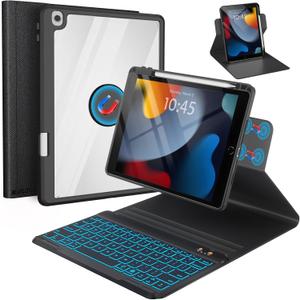 BLUTLOTUS Keyboard Case for iPad 9th/8th/7th Generation 10.2 Inch,360 Rotatable Magnetic Keyboard Case with Pencil Holder Grooves Design(2021/2020/2019),7 Color Backlit Detachable Wireless (Black)