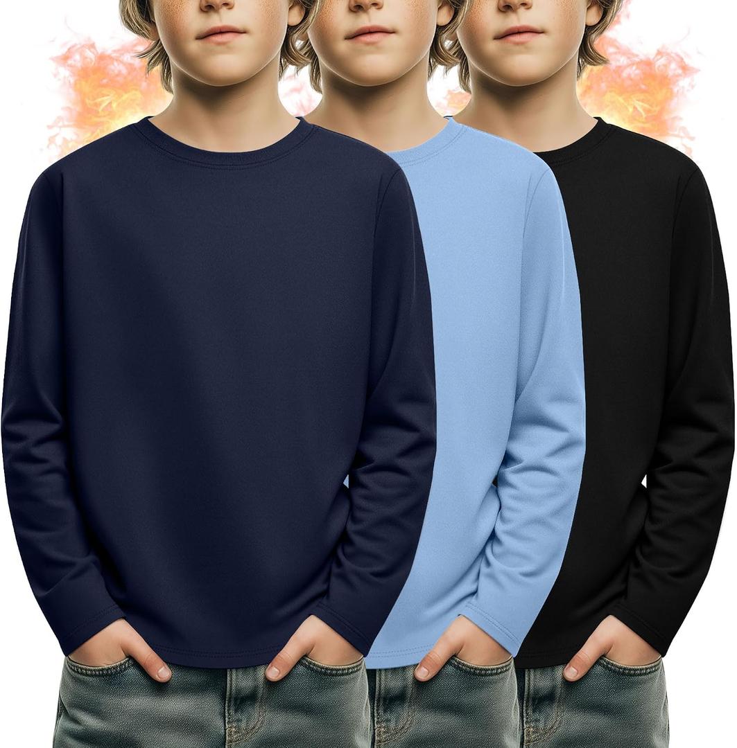 3 Pack Boys Fleece Long Sleeve Shirts, Crew Neck Thermal Tops Kids Casual Soft Warm Loose Basic Tees 15-16 Years