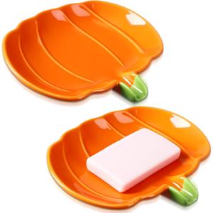 Reallnaive 2 Pcs Ceramic Pumpkin Soap Dishes Cute Elegant Shower Soap Dish Holder Fall Spoon Rest Bathroom and Kitchen Decorative Accessories