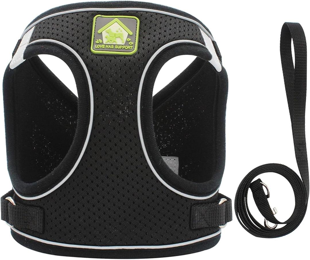 Dog Harness with Leash Set, No Pull Adjustable Reflective Step-in Puppy Harness with Thickened Padded Vest for Extra-Small/Small Medium Dogs (Black, Medium)