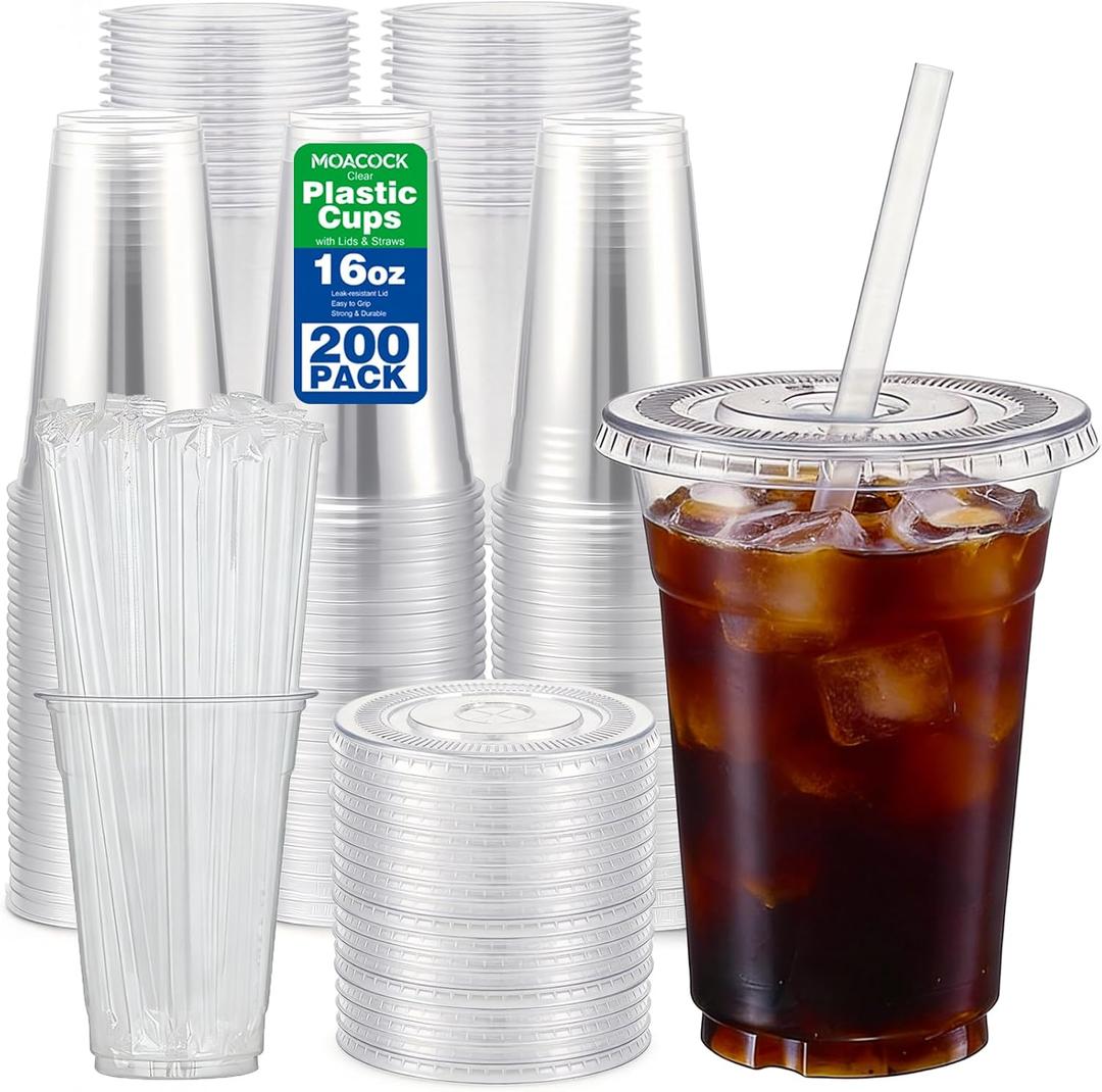 MOACOCK 200 Pack - 16 oz Clear Plastic Cups with Lids and Straws, Disposable Coffee Cups with Lids, Durable Iced Coffee Cups with Lids for Cold Drinks, Tea, Smoothies, Crystal Clear To Go Cups