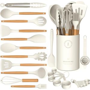 Silicone Cooking Utensils Set - Silicone Kitchen Utensils for Cooking Wooden Handles, 446F Heat Resistant Kitchen Utensil Spatula Sets w Holder, Gadgets for Non-Stick Cookware BPA FREE (Cream White)