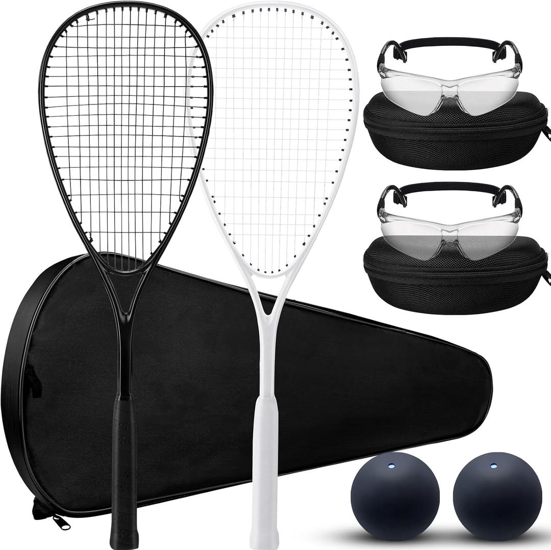 Seenelling 2 Pack Beginner Squash Racquet Set Includes 2 Racquets with Racket Bags 2 Anti-Fog Goggles with Cases, and 2 Blue Dot Squash Balls for Beginners Training Recreational Play