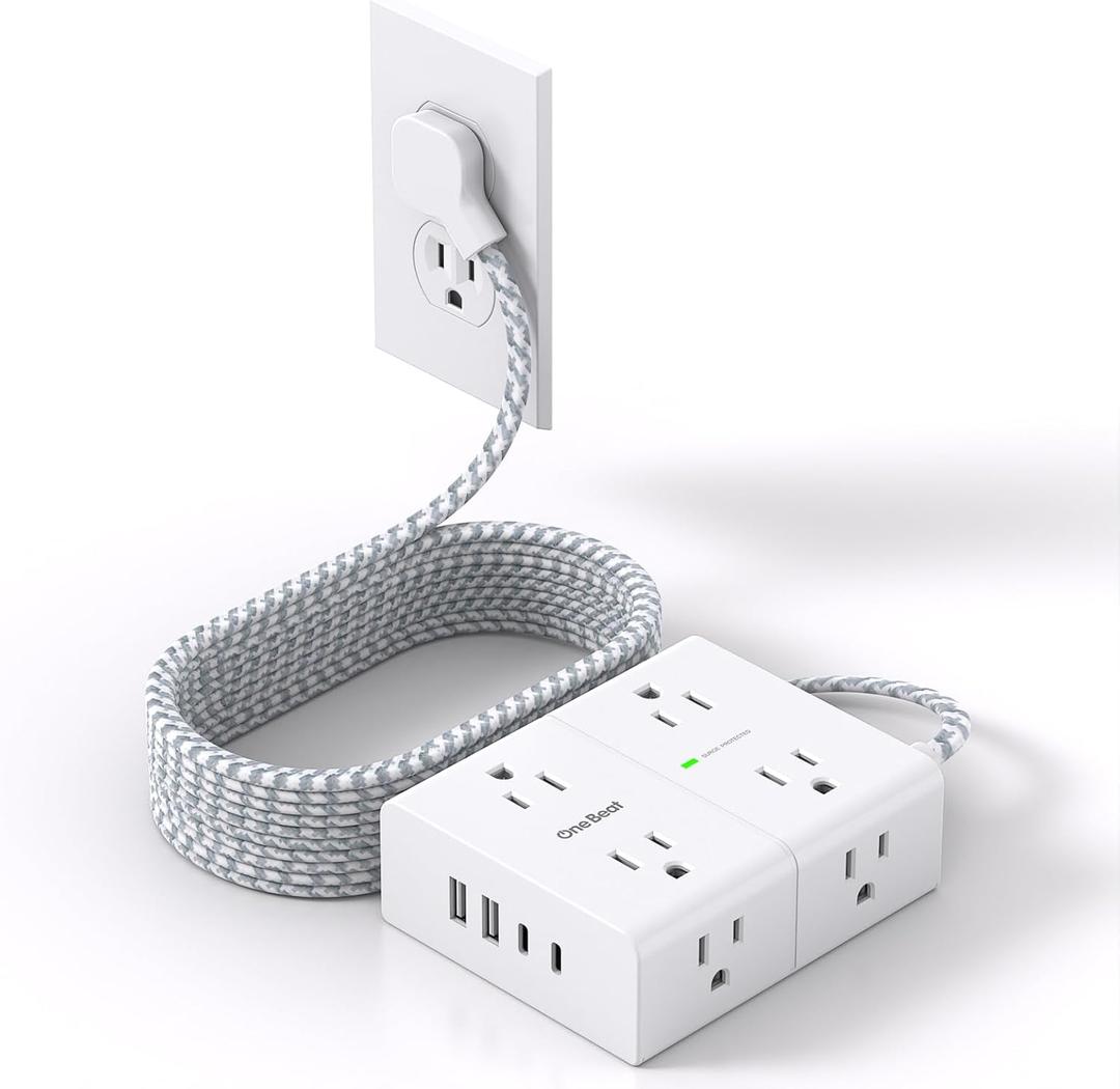 10Ft Extension Cord with Multiple Outlets, Flat Plug Power Strip Surge Protector 10 Ft Long Cord, 8 Outlet 4 USB Ports (2 USB C), Multi Outlet Wall Plug for Office, College, Dorm Room Essentials (White & Grey)