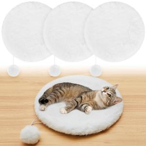 Abbylike 3 Pack 14" Round Cat Dog Bed Cushion Pad Mat Faux Rabbit Fur Pet Sleeping Mat with Small Ball Warm Plush Anti Slip Washable Cat Tree Tower Replacement Cushion Pad for Carrier Crate, White