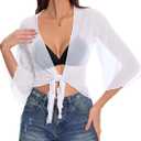 Women's Short Cardigan Bolero Shrug Sheer Tie Front Top 3/4 Sleeve Jacket for Dress (White, S)