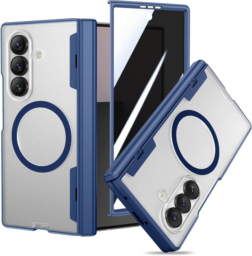 VEGO Case for Galaxy Z Fold 7, Compatible with MagSafe, with [Hinge Protection][Tempered Glass Privacy Screen Protector], Magnetic Anti-Spy Shockproof Clear Cover for Samsung Galaxy Z Fold 7 - Blue