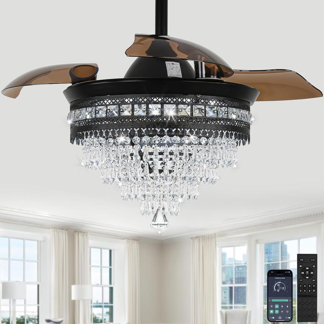 Luxury K9 Crystal Chandelier Fan | Smart Dimmable Fandelier with Retractable Blades(15"-36"), 6-Speed Silent DC Motor & APP/Remote Control, Modern Ceiling Fan Light Hybrid for Bedroom/Living Room (2001-Black)
