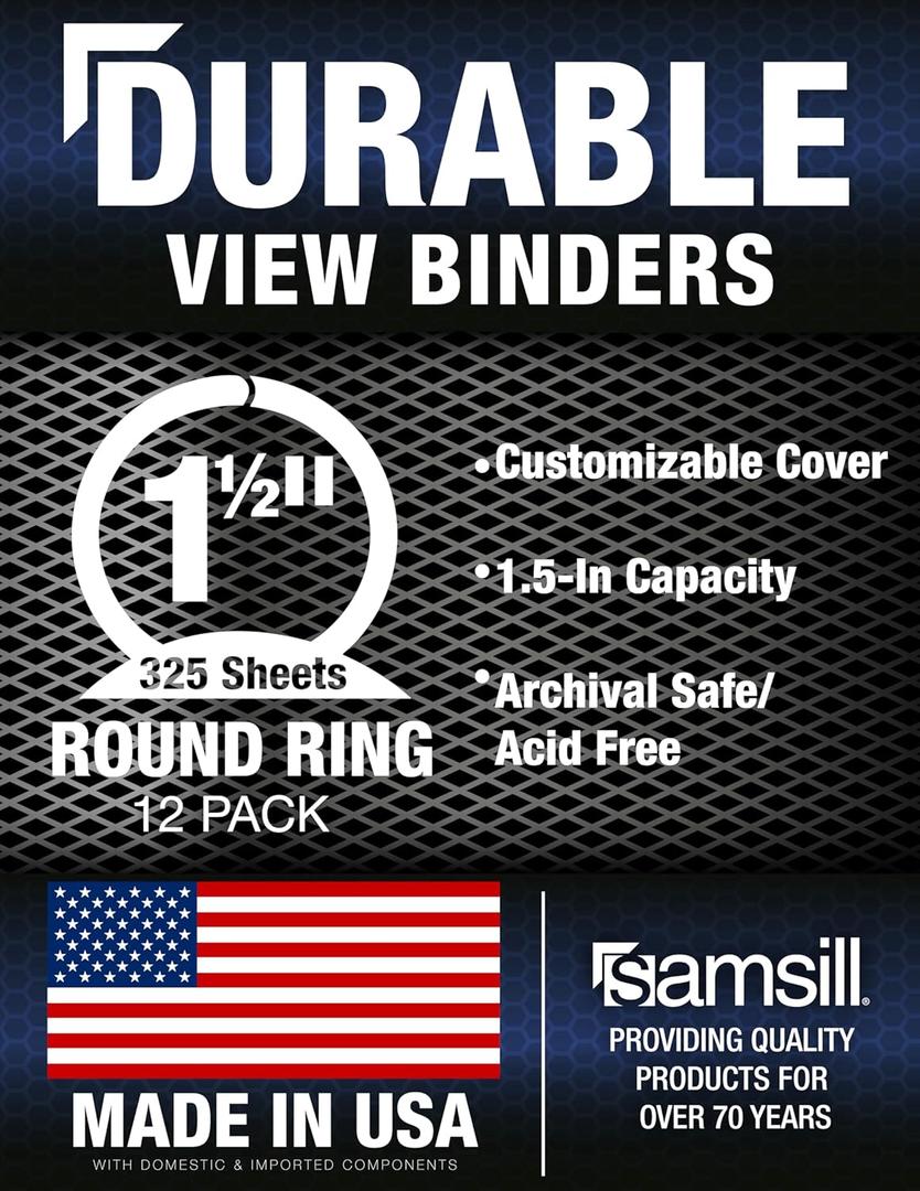 Samsill 12 Pack Durable 1.5 Inch 3 Ring Binders, Round Ring, Clear View Cover for Presentations, Black