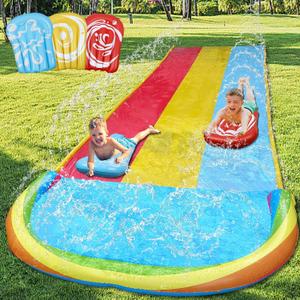 MorTime 22.5ft Slip Water Slide with Sprinklers, Slip and Slide with 3 Inflatable Bodyboards and Splash Pool Waterslide Backyard Lawn Outdoor Water Toy