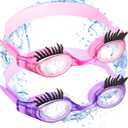 Konohan 2 Pieces Kids Swim Goggles Eyelashes Girls Funny Swim Goggle No Slip Leak Anti Fog UV Glasses for Lash Extensions (Purple, Dark Pink)