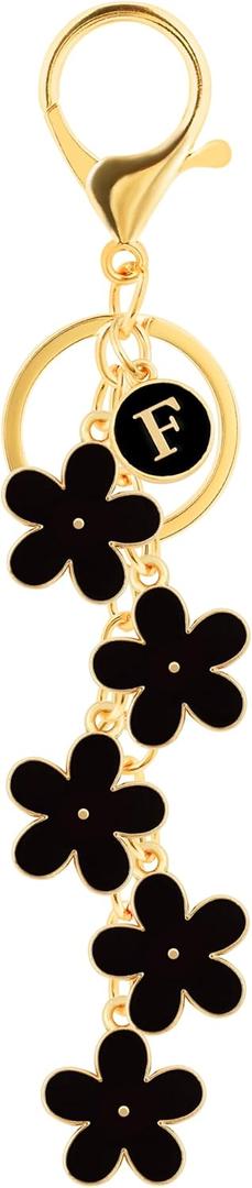 4 x Initial Letter Keychain for Women with Cute Flower Charm  Alphabet Keyring for Keys, Purse, Bags, Backpack & Handbag (Black)