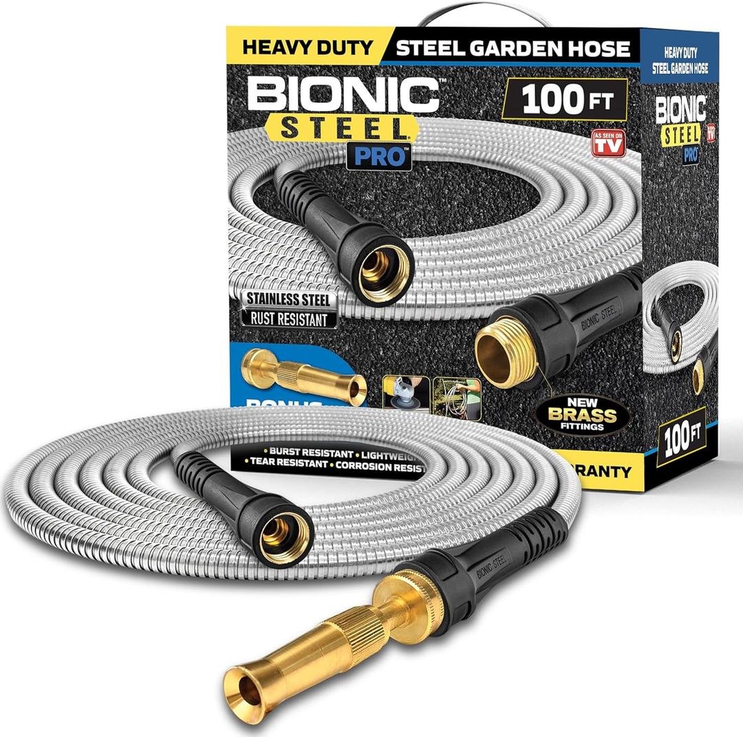 Bionic Steel PRO 100 Ft Garden Hose with Nozzle, Premium 304 Stainless Steel Metal Water Hose 100Ft Flexible Hose, Rust Proof, Lightweight, Heavy Duty, Crush Resistant Fittings, 500 PSI, 2025 Model