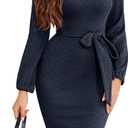 Dressystar Women's Long Sleeve Crewneck Ribbed Knit Sweater Dress Casual Elegant Midi with Tie Waist Belt for Fall/Winter (Large, Navy)