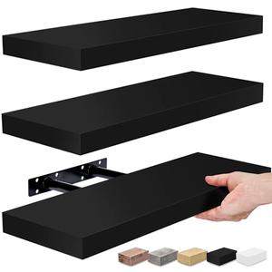 Floating Shelves for Wall, Bathroom Shelves Wall Mounted for Kitchen, Bedroom, Bathroom Storage Over Toilet, Hanging Book Shelf for Wall Home Decor Living Room (Black, 3 Pack) 16×7