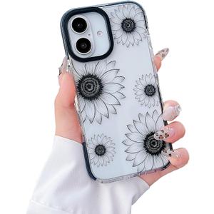 Floral phone case for iPhone 16, transparent floral pattern design, stylish protective case for women and girls, for iPhone 16 - black sunflower 2 Pack