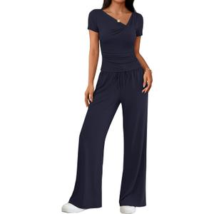 ZESICA 2 Piece Lounge Sets for Women 2026 Casual Summer Short Sleeve Ruched Top Wide Leg Pants Matching Travel Outfits (M)