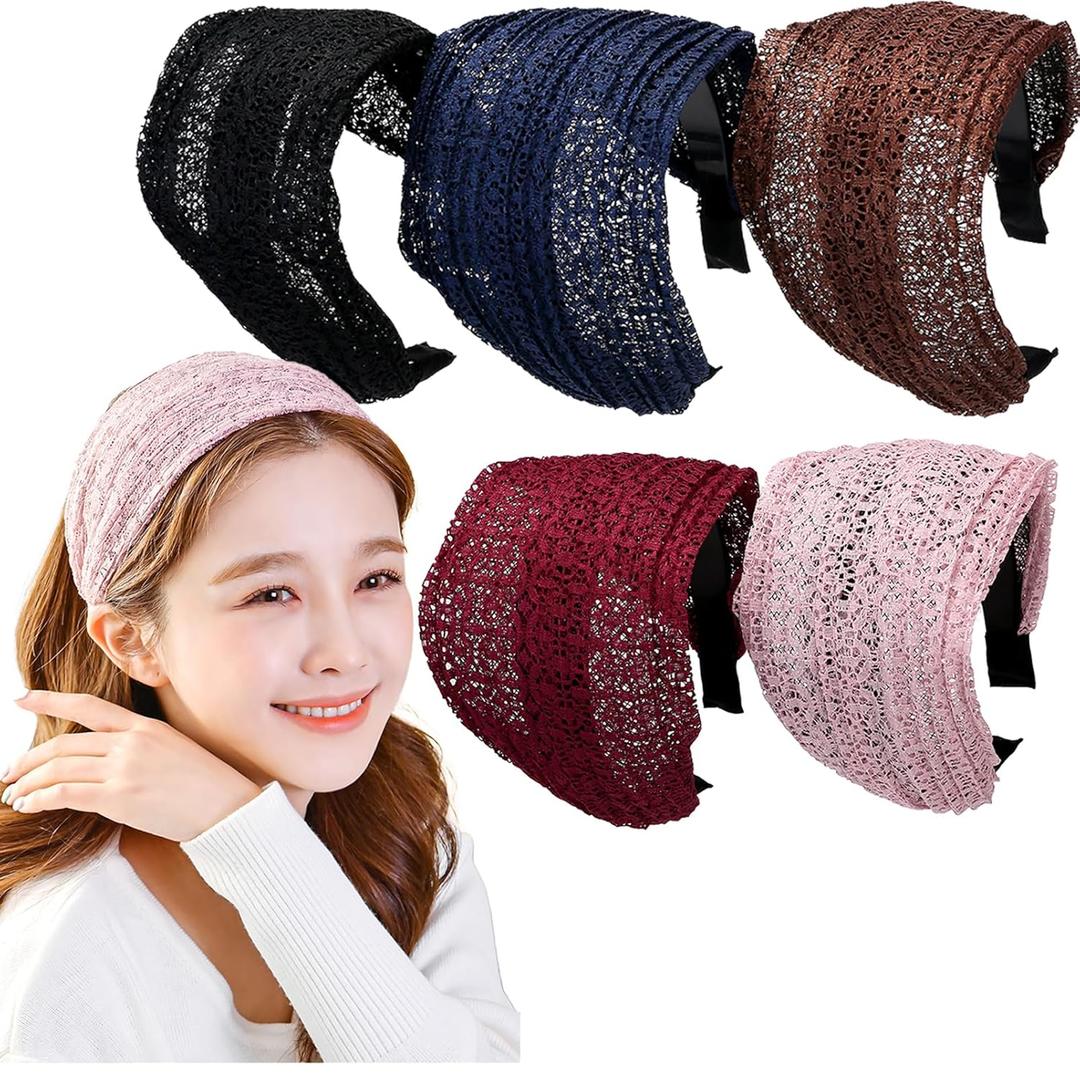 LONEEDY 5 Pack Wide Hard Headband with Teeth for Women, Girlss Hair Band Pleated Cloth Fabric Hair Hoop Accessories (Mixed colors E)