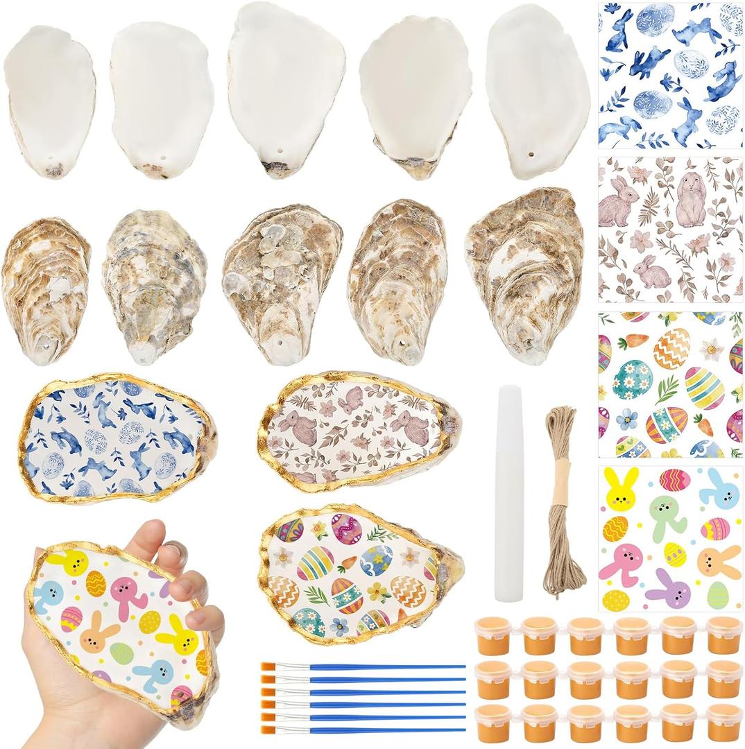 ForraFun 16 Set Easter Oyster Shells for Crafts 4-5 Inch Large Seashells with Holes for Crafting Flat Oyster Shell Kits with Decoupage Napkins Glue Paints Twine Brushs