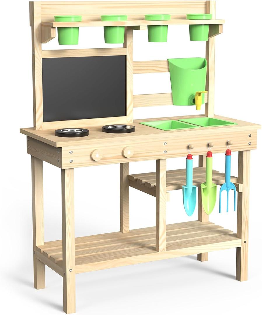Cedar Wood Outdoor Play Kitchen for Kids, Mud Kitchen with Water Faucet, Dual-Sided Chalkboard, Storage Shelves, Cups, Removable Sink, and Pretend Stove Backyard Toddler Playset for Boys and Girls