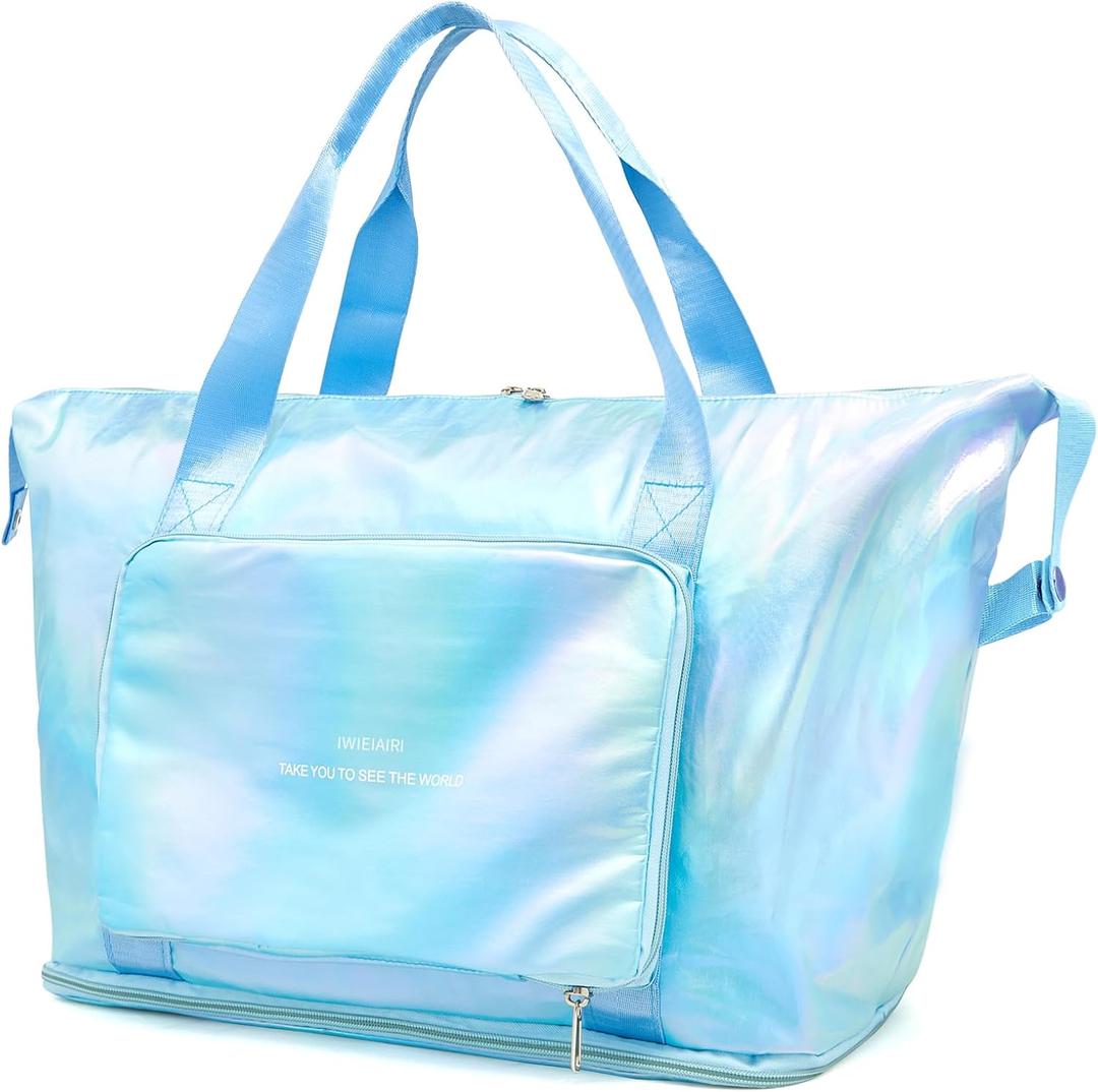 IwIeIaIrI Weekender Overnight Bags for Women Men,Waterproof Lightweight Foldable Gym Duffel Dance Bag for Girls Kids Women Weekend Travel with Laser Color (Blue)