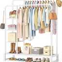 Double Rods Clothes Rack Clothing Rack with 4 Tier Storage Shelves Clothes Rack for Hanging Clothes Multifunctional Heavy Duty Clothes Organizer with Hooks for Bedroom,Wardrobe Closet,Shop,White