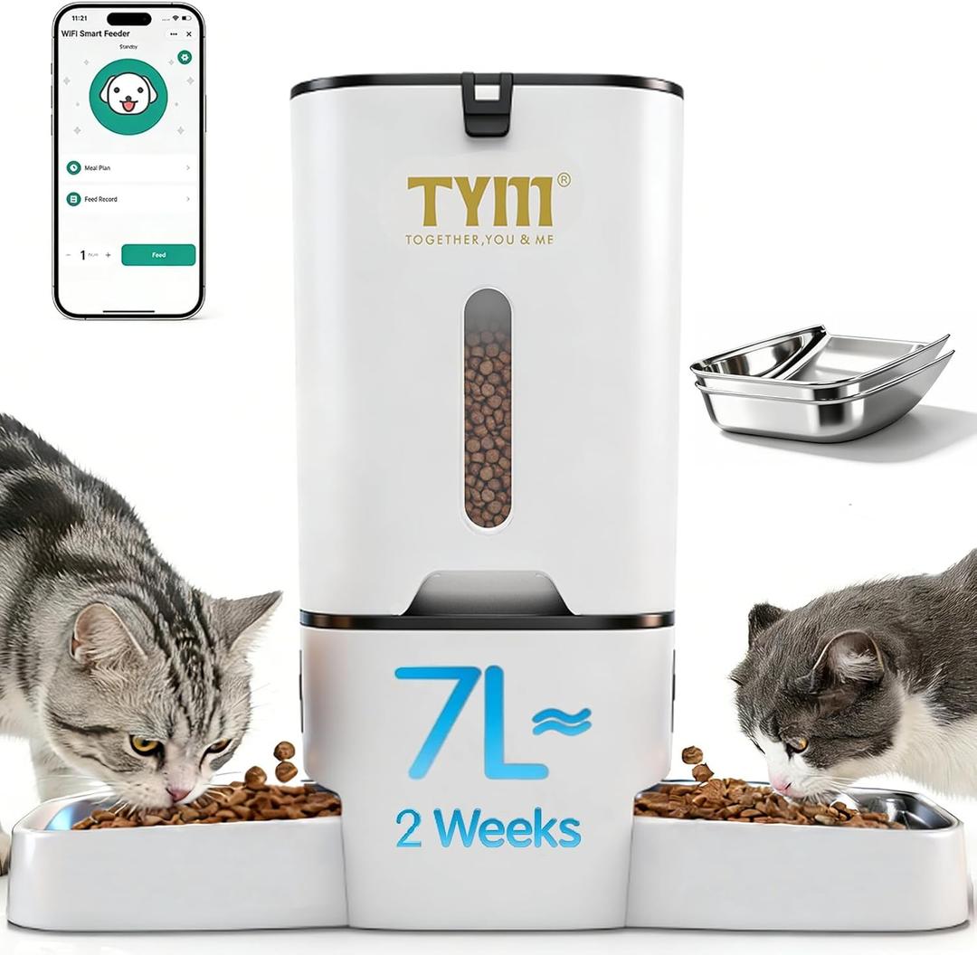 TYM Dual Automatic Cat Feeder for 2 Cats, 7L WiFi Cat Food Dispenser with Smart App Control, Programmable Feeding Schedule for Multiple Pets, Stainless Steel Double Bowls, Detachable for Easy Clean