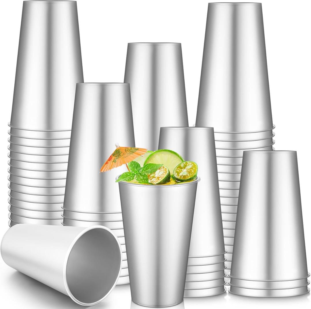 100 Pack 16 oz Disposable Plastic Cups Aluminum Party Tumbler Stackable Plastic Drinking Cups for Hot Cold Drinks Coffee Cocktail Beverage for Wedding Birthday Graduation Picnic (Silver)