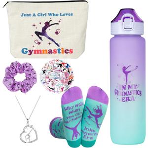 Gymnastics Gifts for Girls - Gymnastics Water Bottle, Cosmetic Bag, Necklace, Scrunchie, Socks, 50 Pcs Stickers - Gymnastics Party Favors for Girls, Birthday Gifts for Gymnastics Lovers