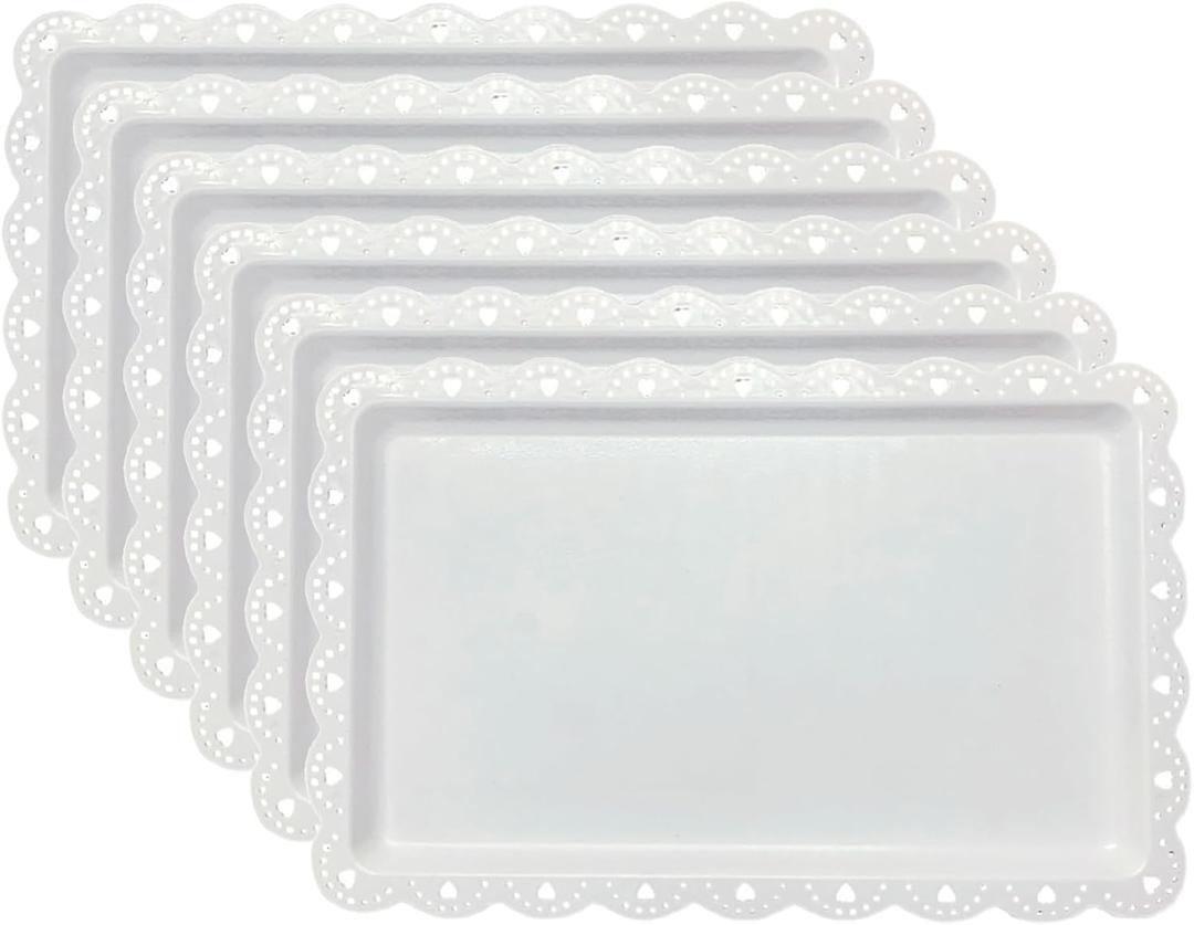 Set of 6 Plastic Serving Trays Food Tray - 14" x 9" Rectangle Serving Platter for Party Cafeteria Kitchen Restaurant , Small Flat Trays for Dessert Fruit Cookie Snack (6, White)