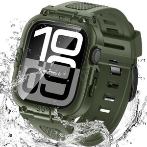Goton 3 in 1 Waterproof Case with Band for Apple Watch with Built-in Tempered Glass Screen Protector 46mm, 360 Shockproof Bumper Face Cover with Band for Apple Watch Series 11 Series 10, 46mm (Green)