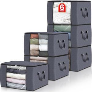 Fab Totes Storage Bags,Clothes Blanket Storage Bins Foldable Closet Organizers with Reinforced Handle for Home Dorm Storage and Organization,Fabric Bags for Organizing Bed Sheets,Clothing,Comforters (6 Pack-60L, Grey)