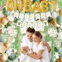 Sage Green Baby Shower Decorations,155 pcs Neutral Baby Shower Decor Supplies, welcome baby banner, Disposable "OH BABY" Balloon Arch, Paper Tassels, tablecloths