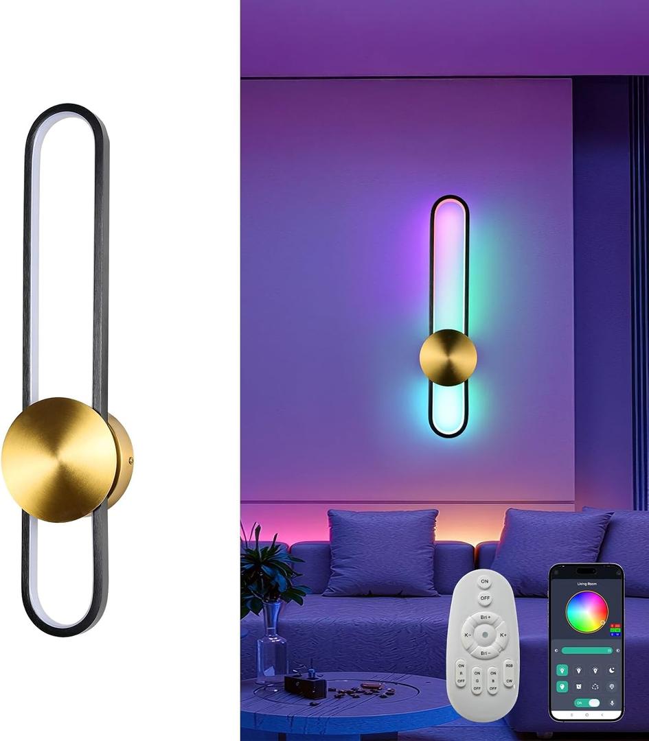 JAYMP RGB Modern Wall Sconce Dimmable Remote Control LED Wall Light Fixture, Hardwired Wall Lamp for Living Room, Dining Room, Bedroom, Hallway, Entryway, 1 Pack (Brushed Black,RGB, H56cm/22inch)
