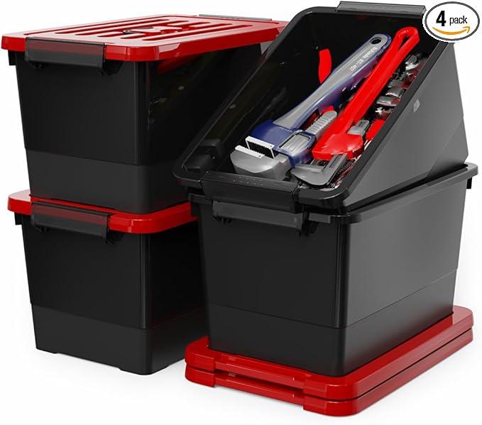 WYT 17 Quart Stackable Plastic Storage Bins with Red Lids, 4 Pack Black Containers with Latching Buckles and Handle, Durable Nestable Boxes Organizing for Closet, Garage, Tool Room