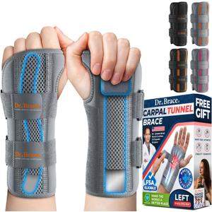 DR. BRACE Adjustable Wrist Brace Night Support for Carpal Tunnel, FSA & HSA Eligible, Doctor Developed, Upgraded with Double Splint & Therapeutic Cushion, Hand Brace For Pain Relief, Injuries, Sprains (Small/Medium (Left Hand), Grey)