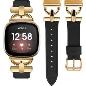 Wearlizer Leather Band Compatible with Fitbit Versa 4 Bands for Woman/Versa 3/Sense 2/Sense Bands Women, Dressy Leather Strap with D-Shape Metal Buckle Smartwatch Wristband Black/Gold
