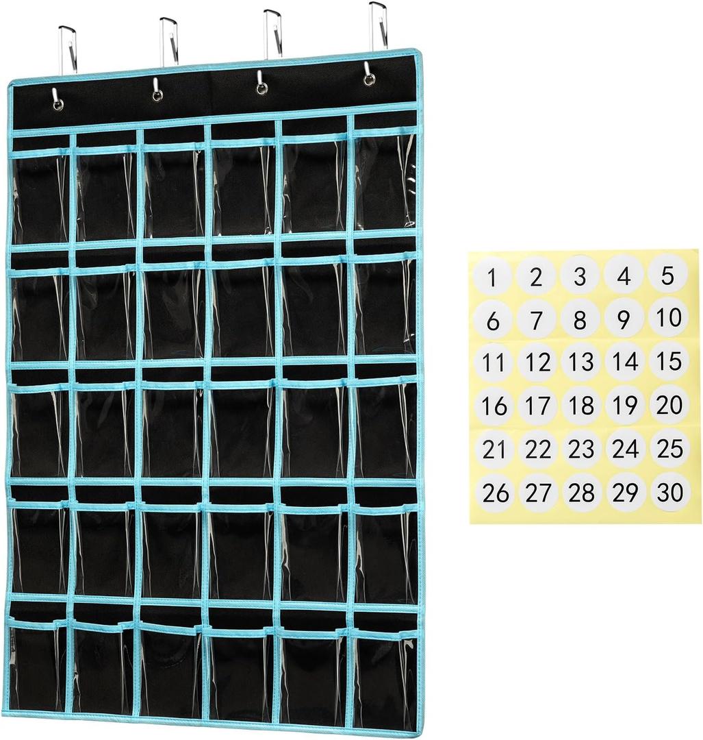 KEEPJOY Classroom Pocket Chart Organizer, Cell Phones Calculator Holder for Classroom Storage, Hanging Wall Door Calculator Phone Caddy for Classroom. (30 Pockets-Black)