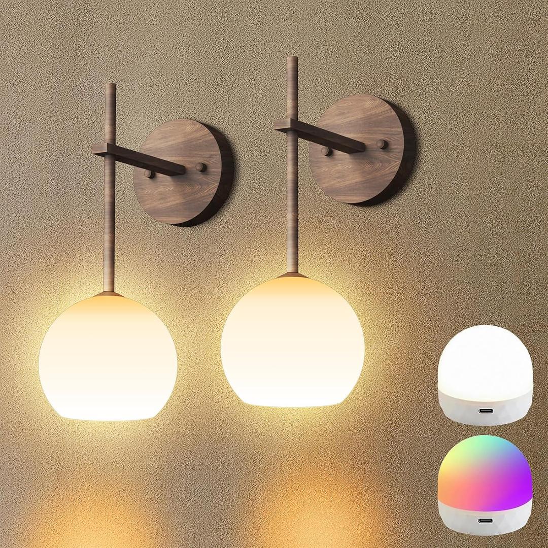 Walnut Grain Battery Operated Wall Sconces Set of 2, Rechargeable Wireless Wall Lights with Milky White Frosted Glass, 12 RGB and 3CCT Dimmable, Wall Lamps with Remote for Bedroom Living Room Hallway