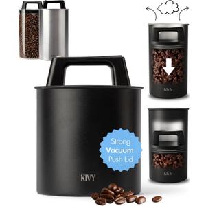 KIVY Vacuum Coffee Canister - Push Lid Preserves Coffee Aroma & Oil - Stainless Steel Airtight Coffee Canister - Coffee Container - Removes Excess Air (Small, Black)