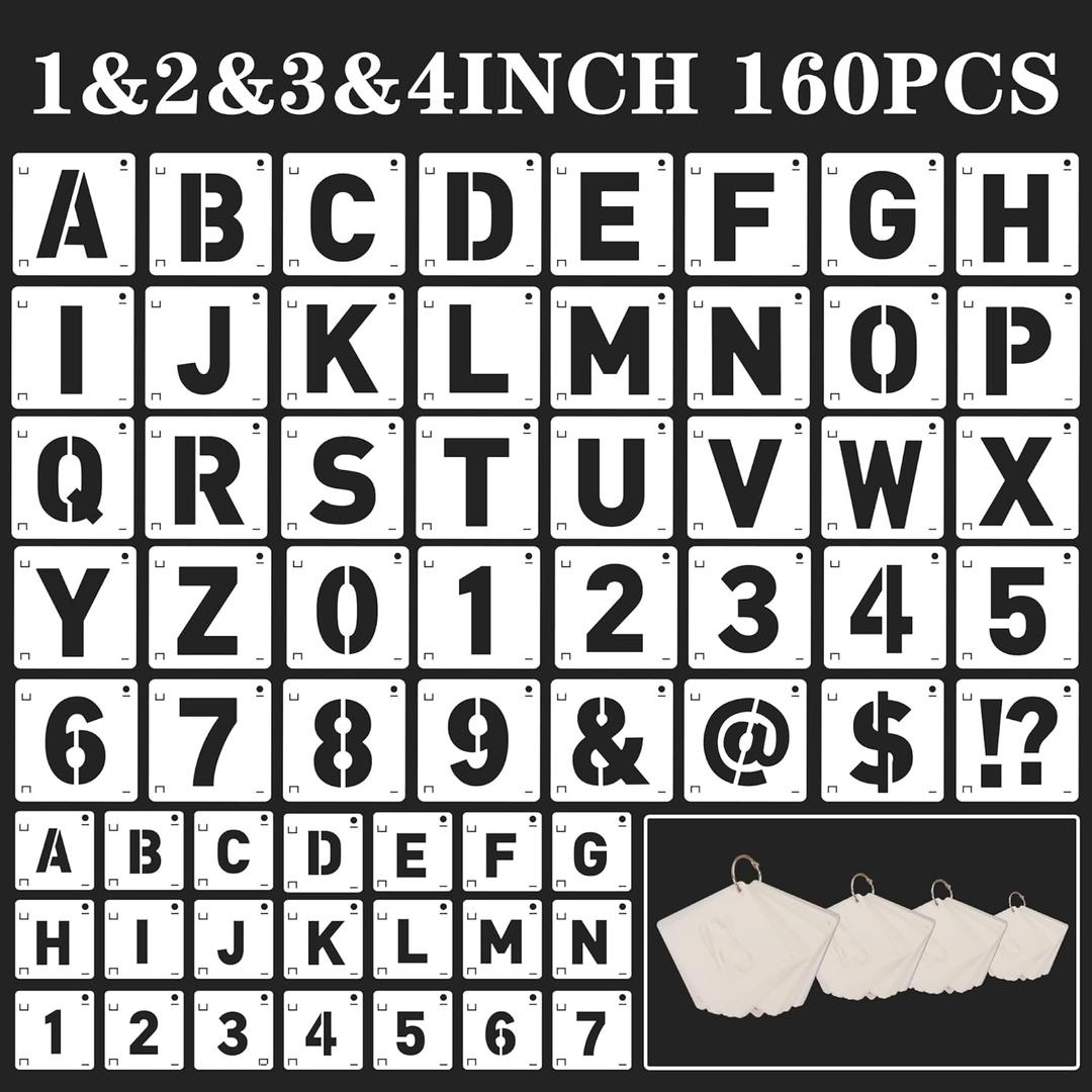 160Pcs Letter Stencils Set for Painting,4&3&2&1Inch Plastic Numbers Symbols Stencils Kit Reusable,Large Alphabet Interlocking Drawing Templates on Wood,Wall,Fabric,Sign,DIY Art Craft Project