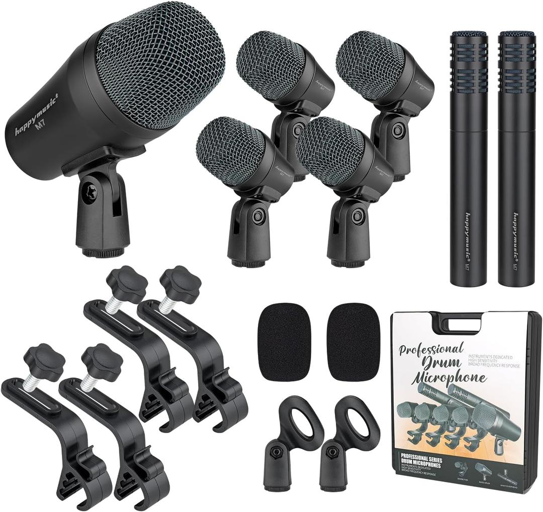 happymusic M7 Wired Drum Microphone Kit,7-Piece Full Metal Dynamic Mic-Kick Bass Snare and Cymbals,Use for Drums Vocal Other Instrument Complete with Thread Clip Inserts Mics Holders,Carrying Case