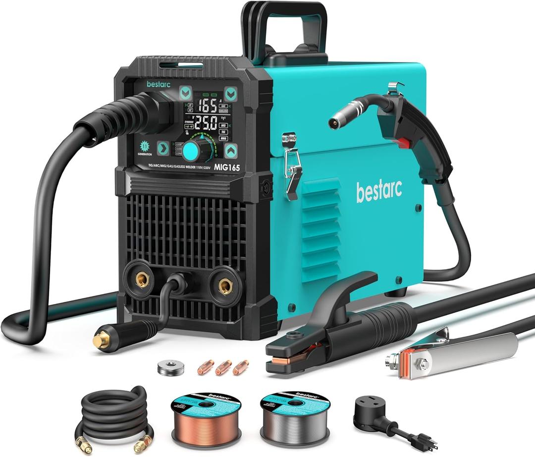 165A MIG Welder, 110V/220V Dual Voltage Gas/Gasless Flux Core MIG Welder/Lift TIG/Stick 3 in 1 Synergic MIG165 11GEN Welding Machine, Flux/Solid Welder Digital Screen Display